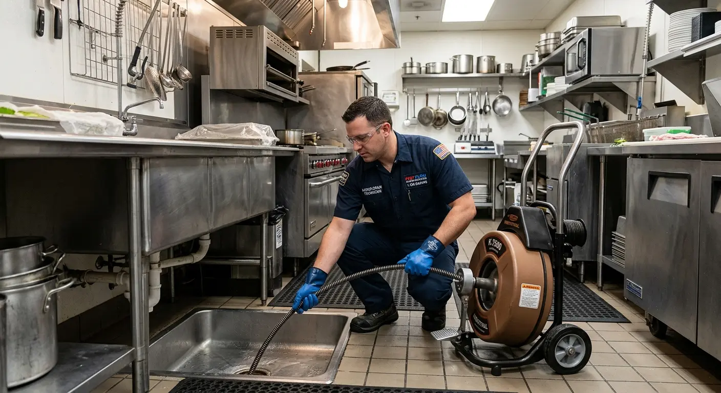 Commercial drain cleaning service in a restaurant kitchen in Sugar Land