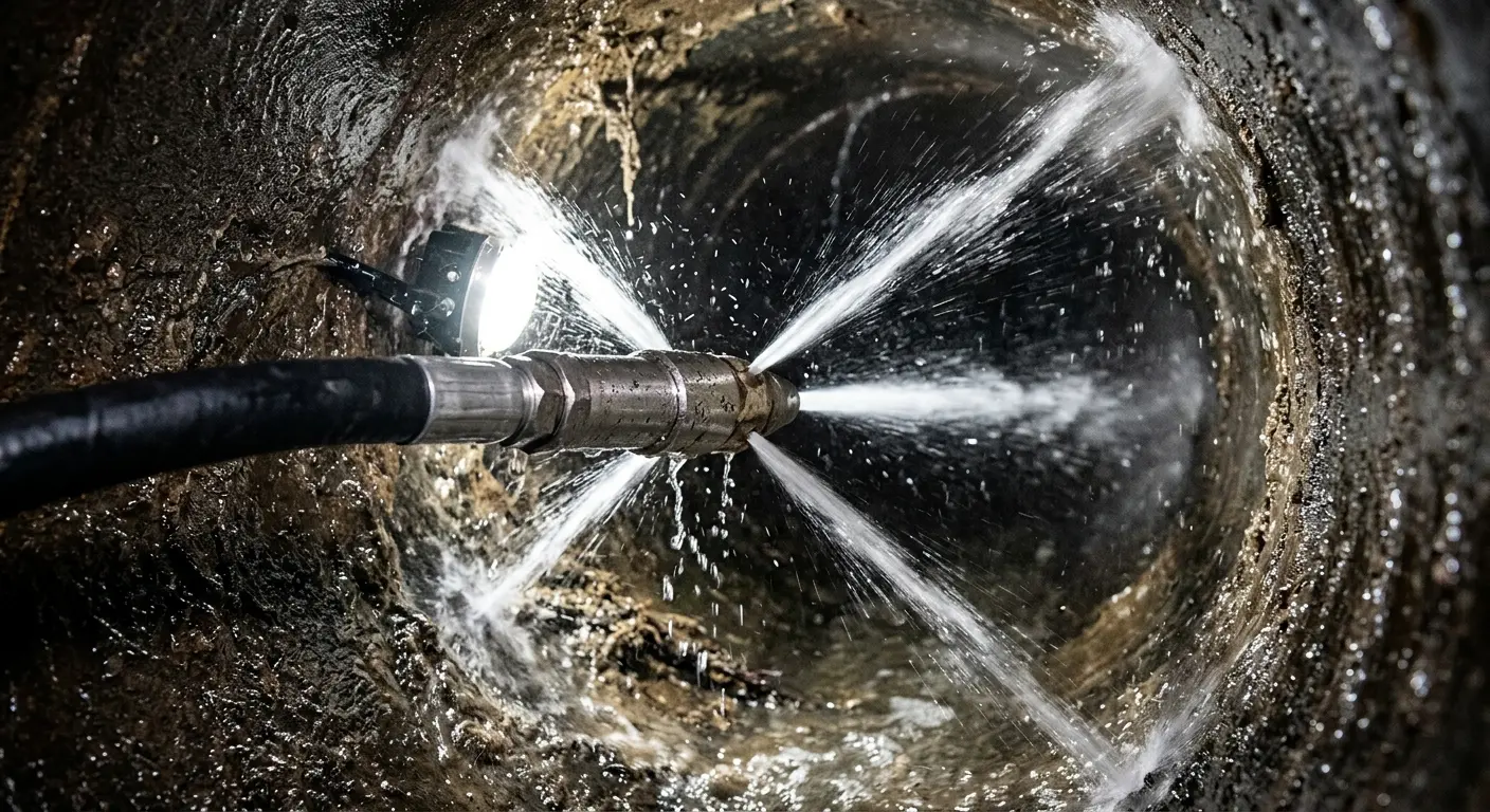 High-pressure hydro jetting nozzle cleaning sewer pipe for Storm Drain Cleaning in Sugar Land