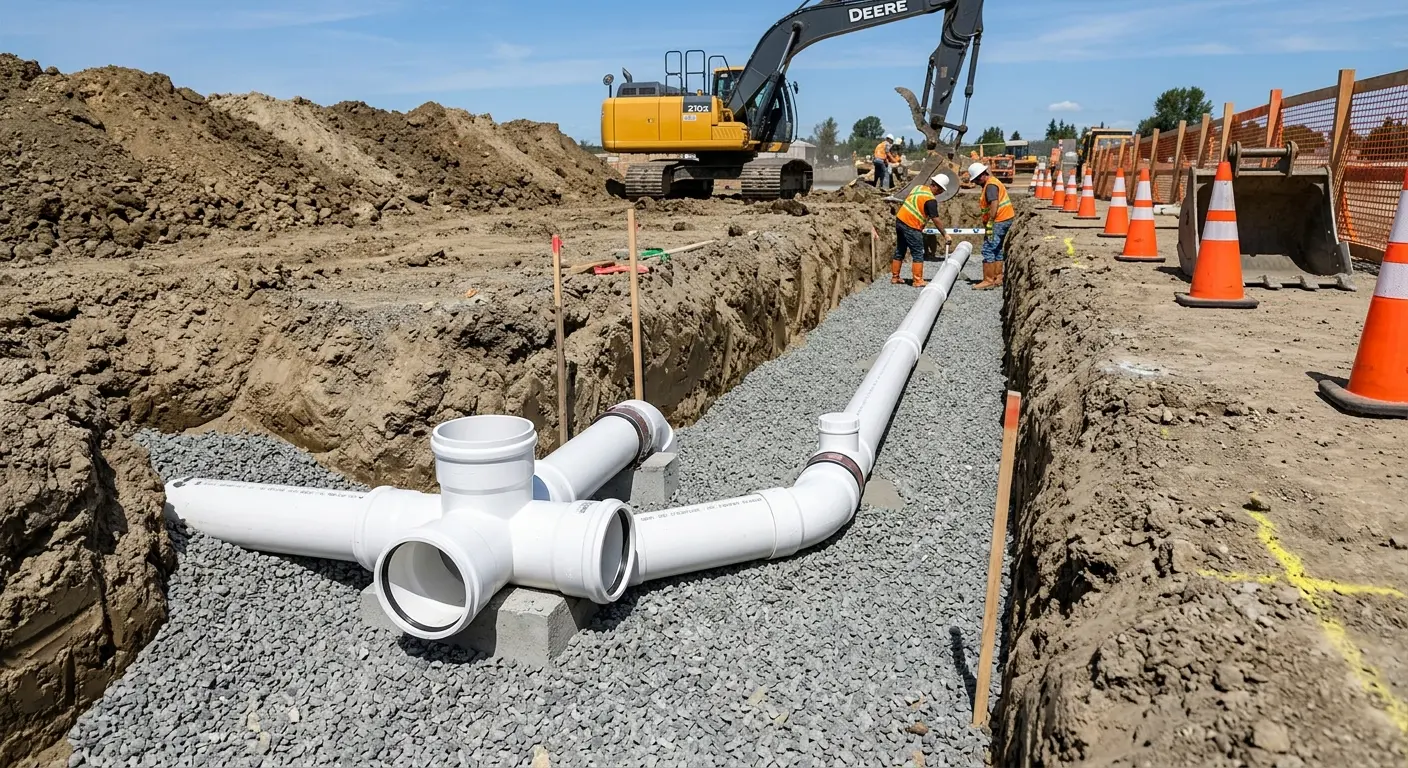 New PVC sewer pipe installation in open trench for Sewer Backup in Sugar Land