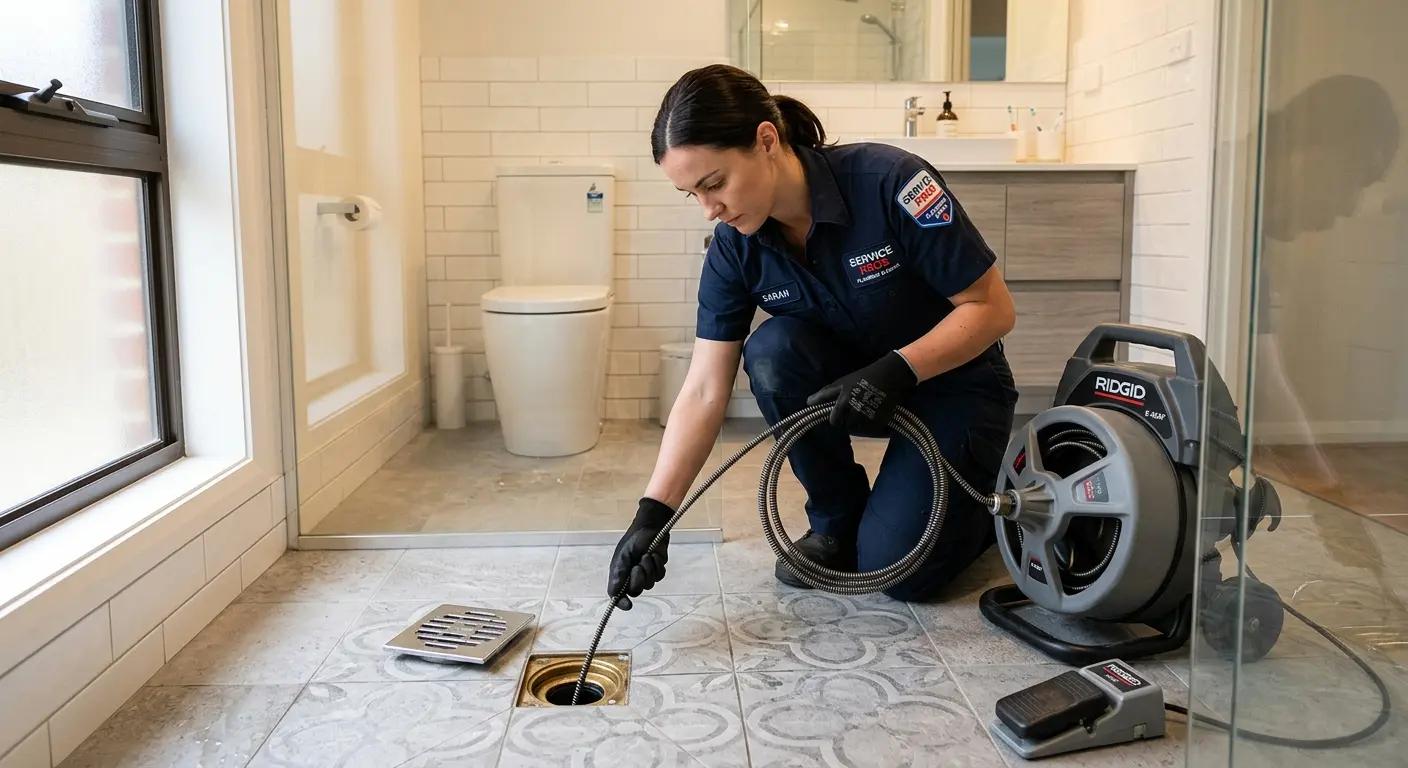 Technician clearing a bathroom floor drain for Drain Repair in Sugar Land
